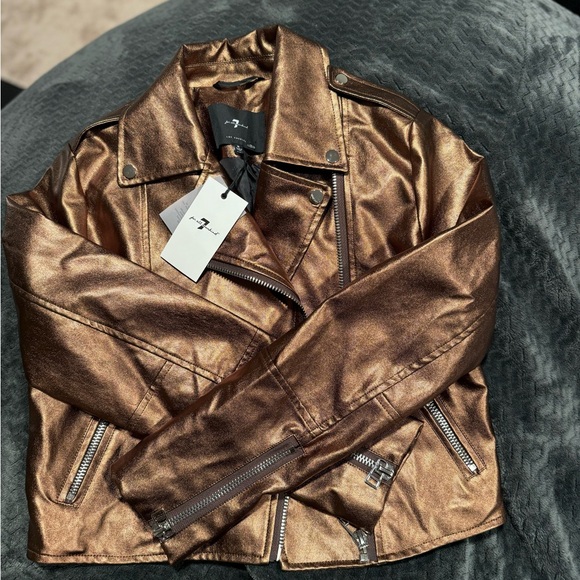 7 For All Mankind Women Copper Faux Leather Moto Jacket Size Small NWT - Picture 3 of 6